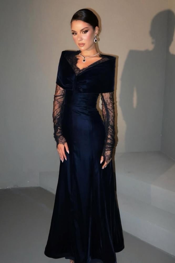 فستان مخمل كوري ناعم مع دانتيل