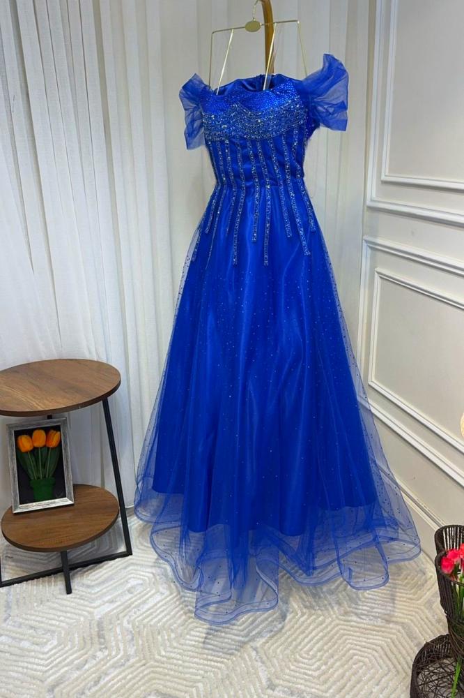 فستان فخم خامة تل دبل تفته سترتش +خط كرستال +هدب