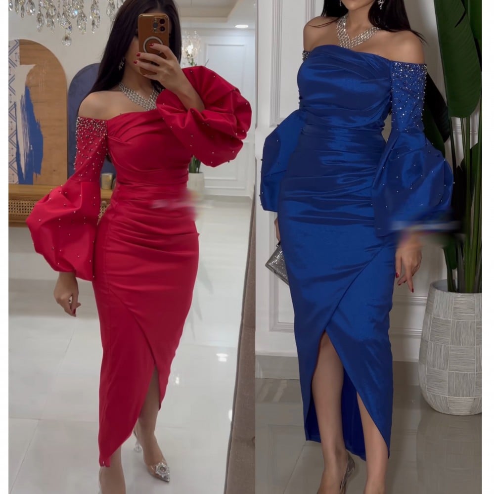 فستان شانتون اناقه الاكمام المنفوشه مرصع بالخرز الاصلي