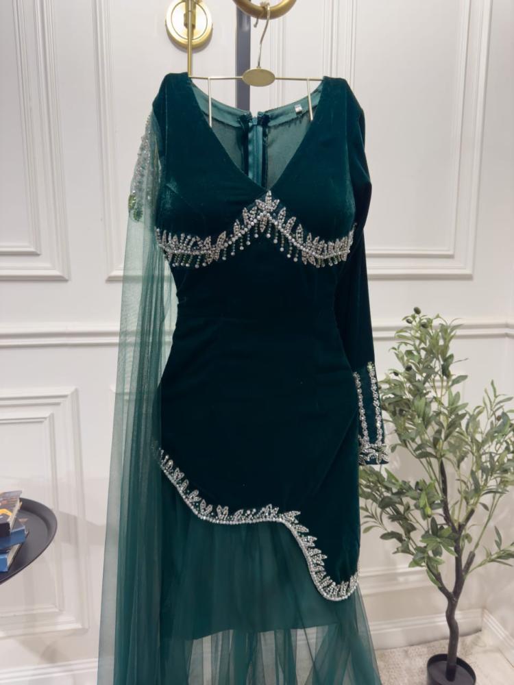 فستان فخم خامة مخمل تطريز يدوي راقي +تل فرنسي اصلي