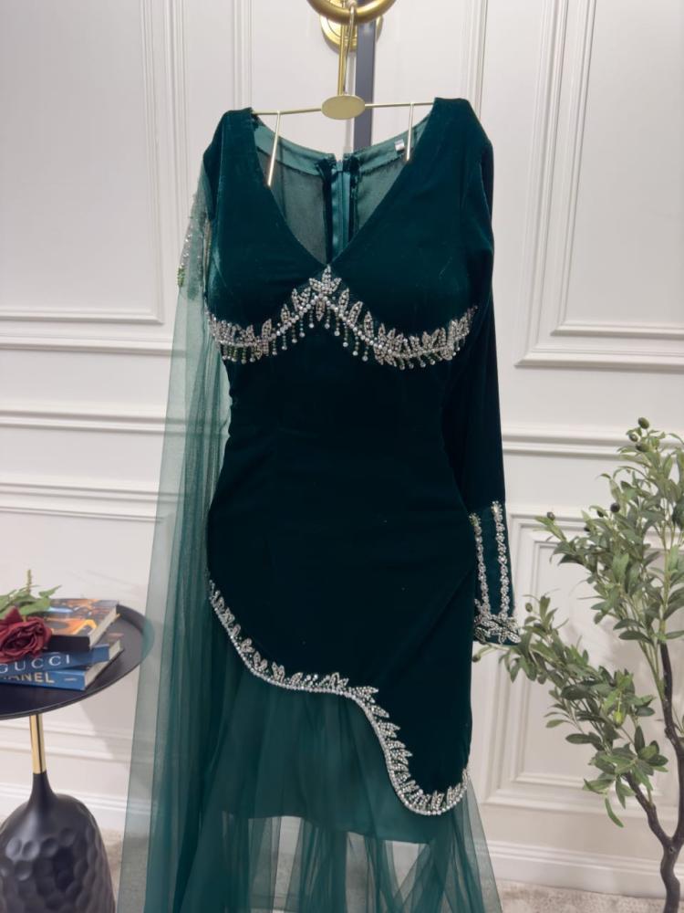 فستان فخم خامة مخمل تطريز يدوي راقي +تل فرنسي اصلي