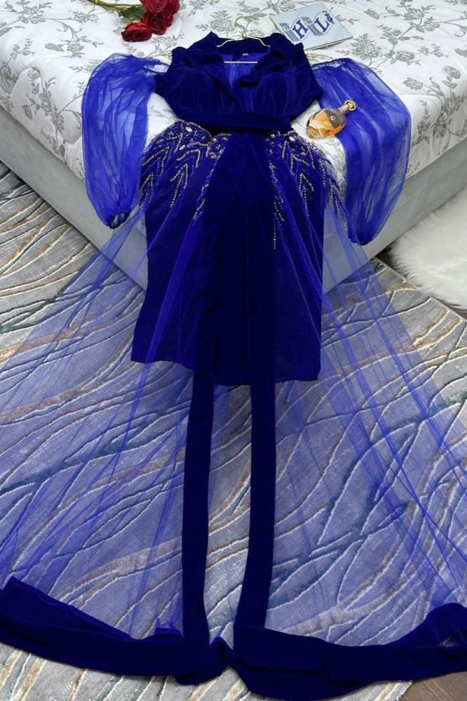 فستان سهرة  خامة جوخ كوري اصلي مع تل مطرز