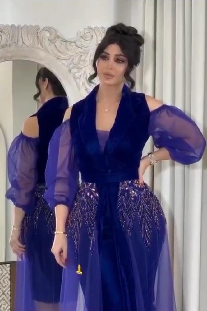 فستان سهرة  خامة جوخ كوري اصلي مع تل مطرز