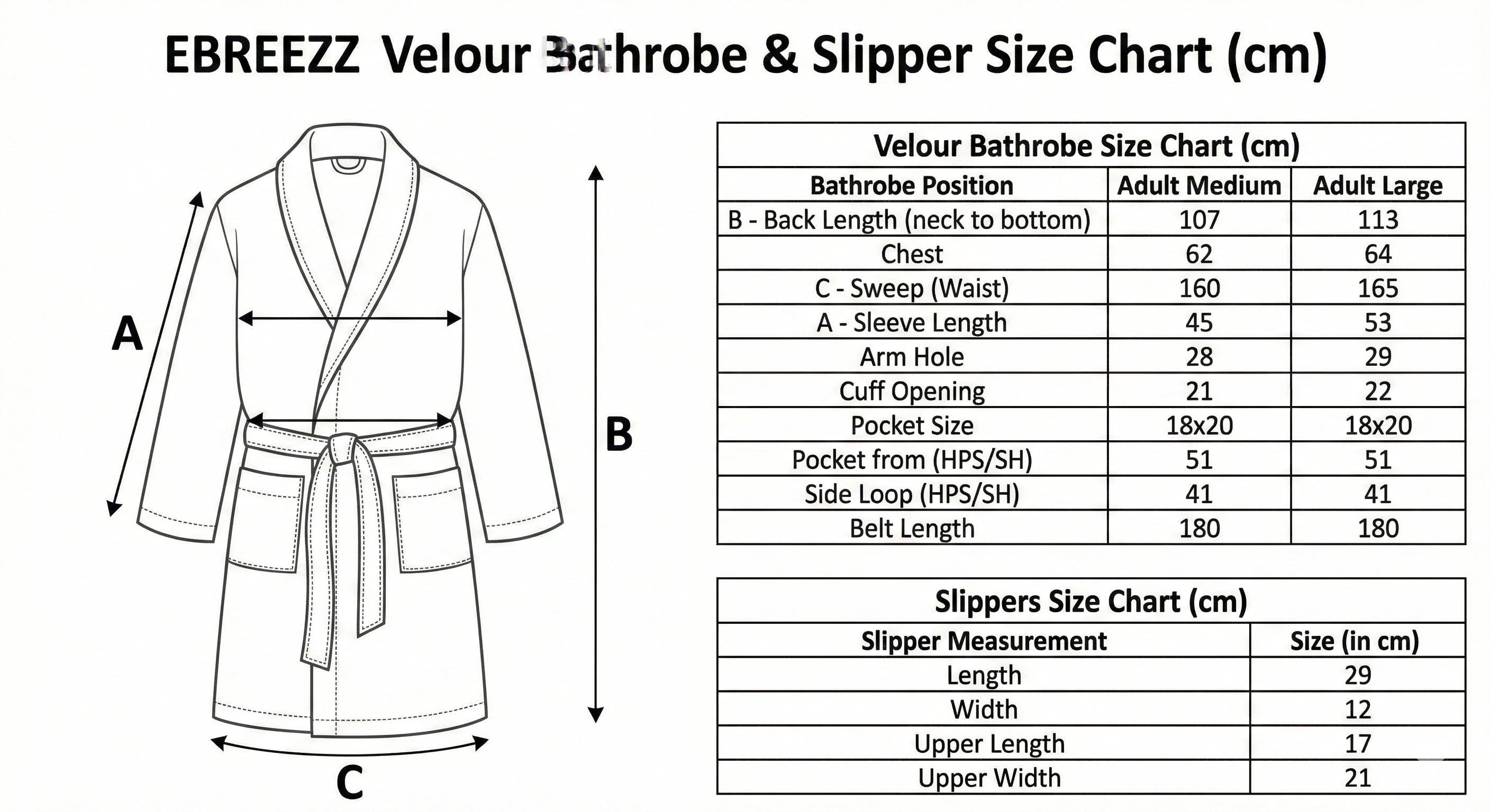 Ebreezz velour bathrobe set size chart in centimetres, medium and large