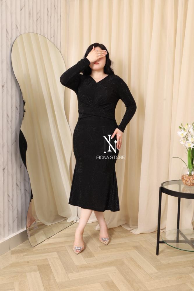 فستان ميدي أسود لامع بأكمام طويلة