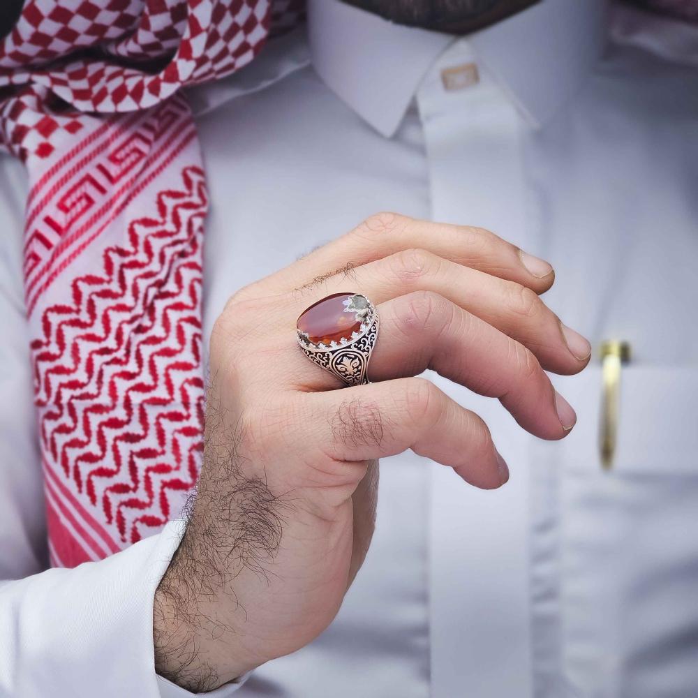 خاتم فضة عقيق يماني خرايطي كبدي