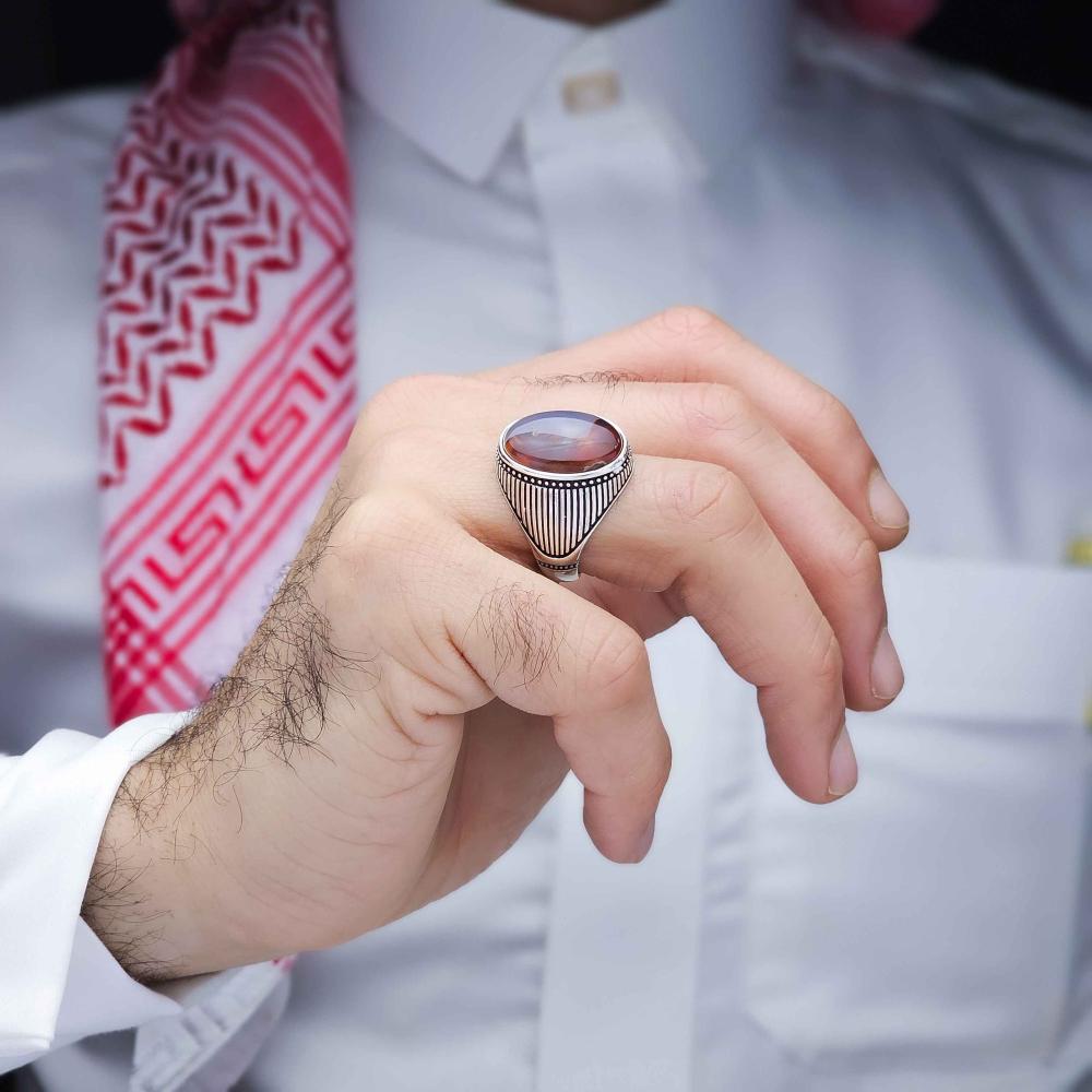 خاتم فضة عقيق يماني مزهر