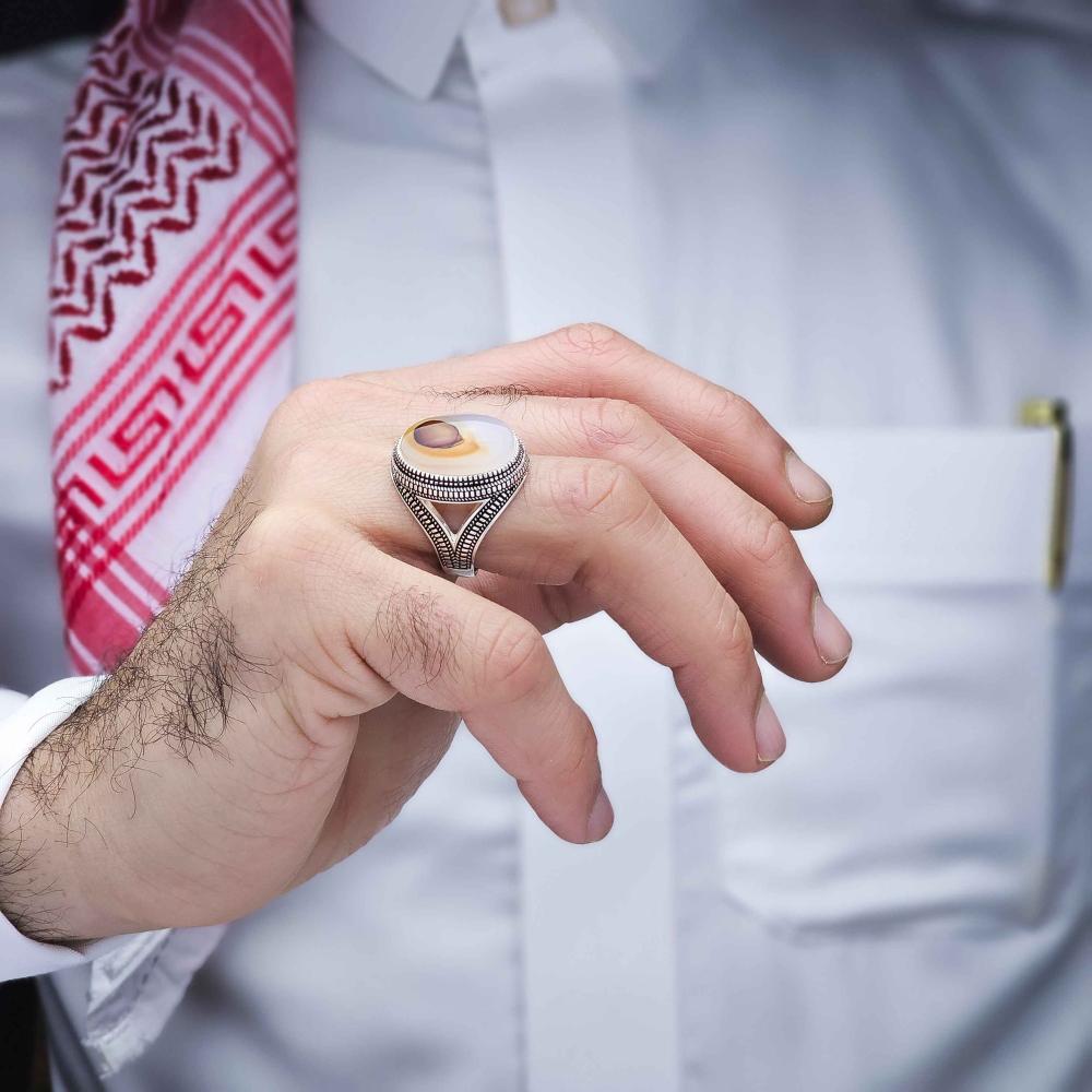 خاتم فضة عقيق يماني مزهر