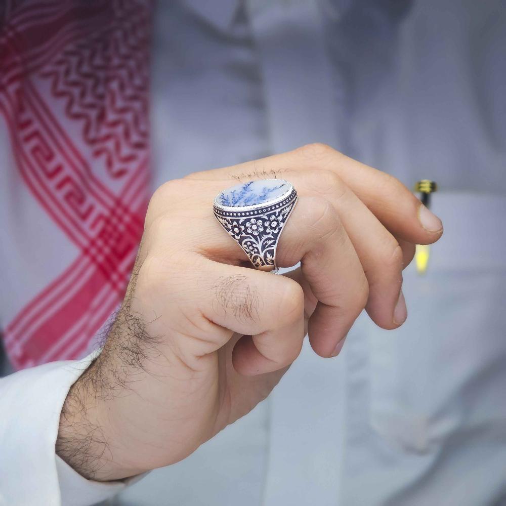 خاتم فضة عيار 950 عقيق يماني شجراني
