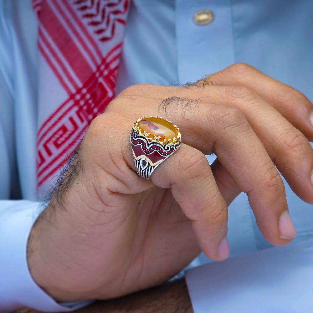 خاتم فضة عقيق يماني مزهر