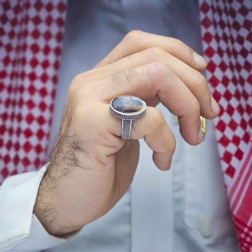 خاتم فضة عقيق يماني مزهر مصور