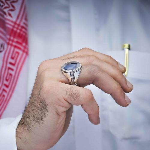 خاتم فضة عقيق يماني مزهر مصور