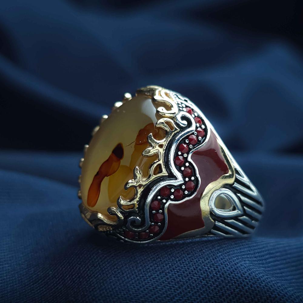 خاتم فضة عقيق يماني مزهر