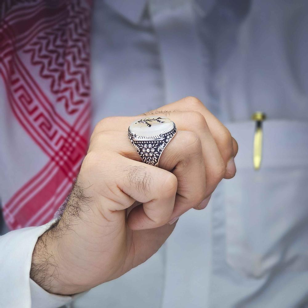 خاتم فضة عيار 950 عقيق يماني شجراني