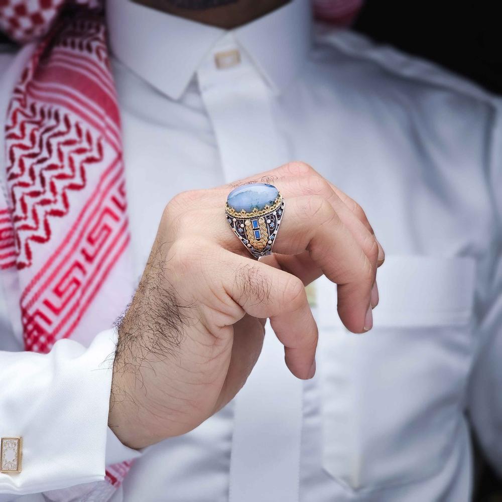 خاتم فضة عقيق يماني طحلبي بحري