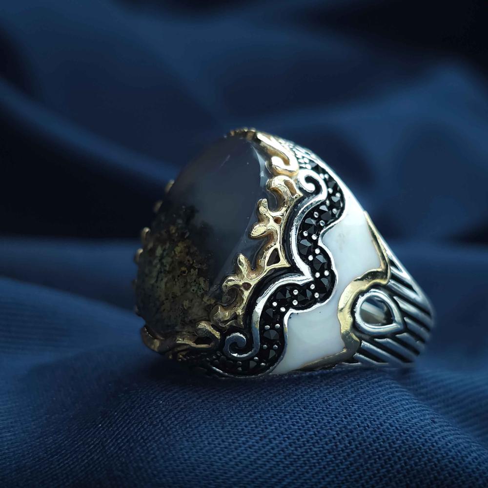خاتم فضة عقيق يماني طحلبي
