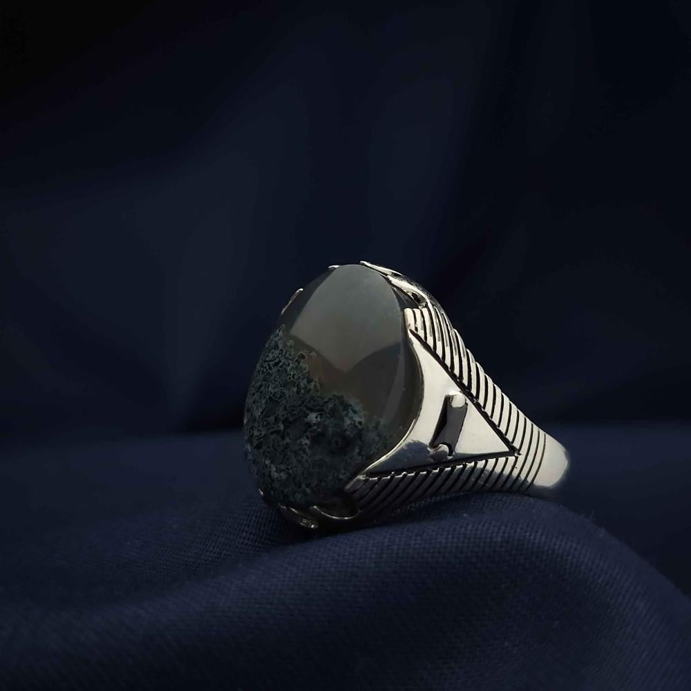 خاتم فضة عقيق يماني طحلبي ازرق