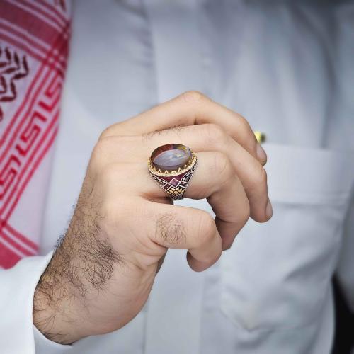 خاتم فضة عقيق يماني مزهر مصور