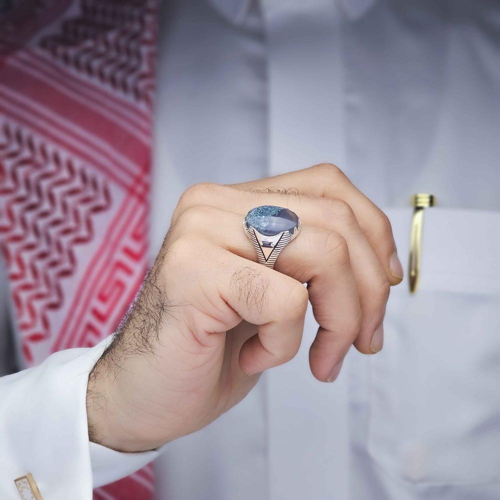 خاتم فضة عقيق يماني طحلبي ازرق
