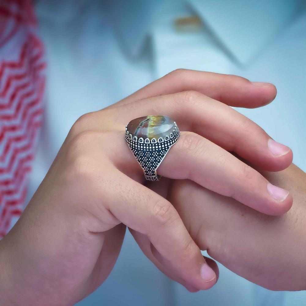 خاتم فضة عقيق يماني طحلبي