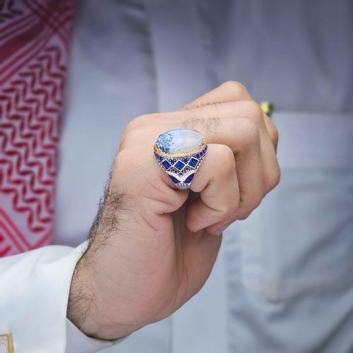 خاتم ملكي مرصع عقيق يماني طحلبي ازرق