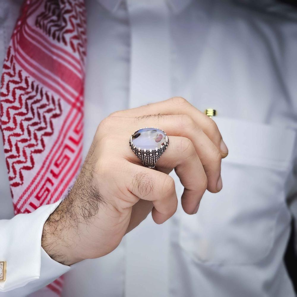 خاتم فضة عقيق يماني مزهر
