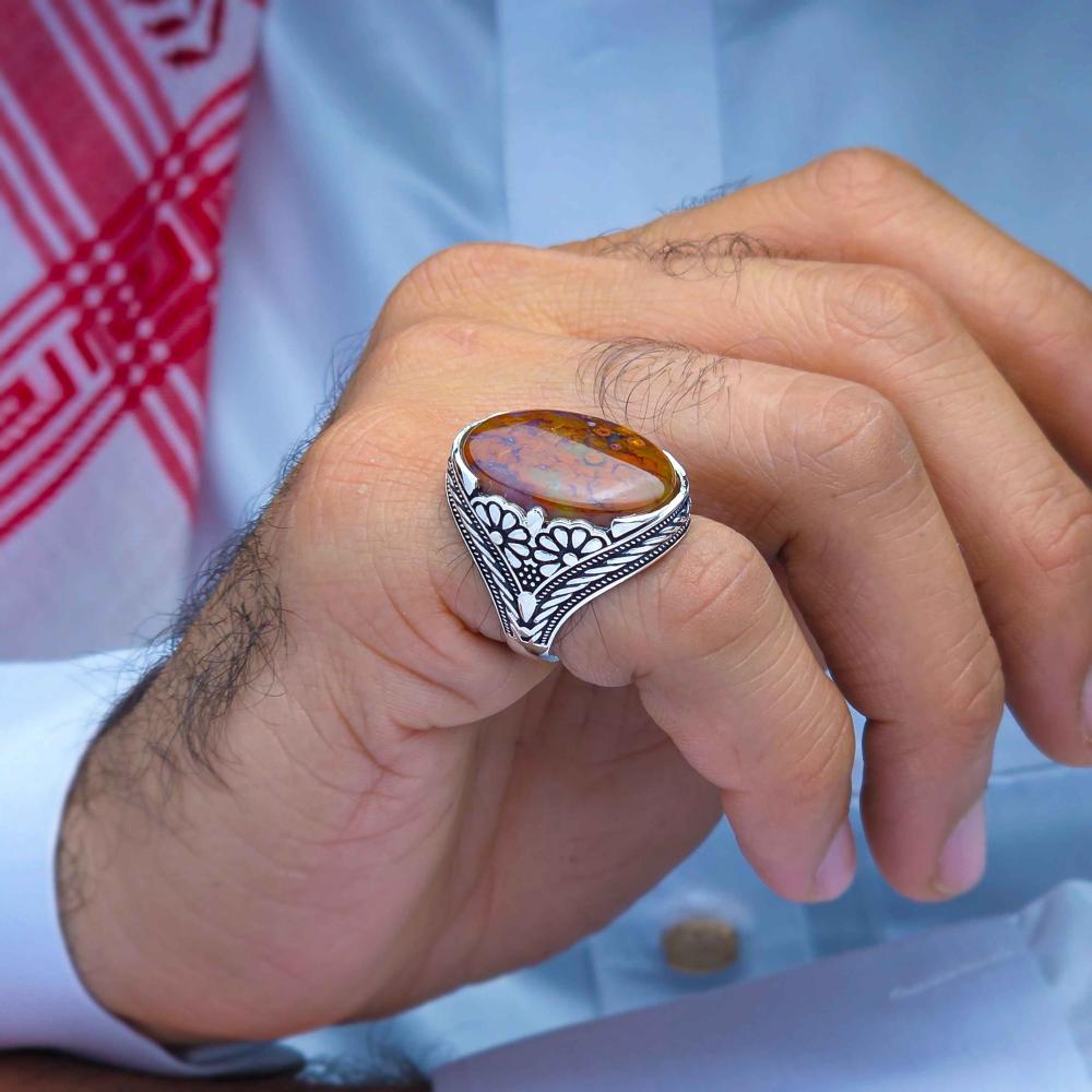 خاتم فضة عقيق يماني شعب مرجانية