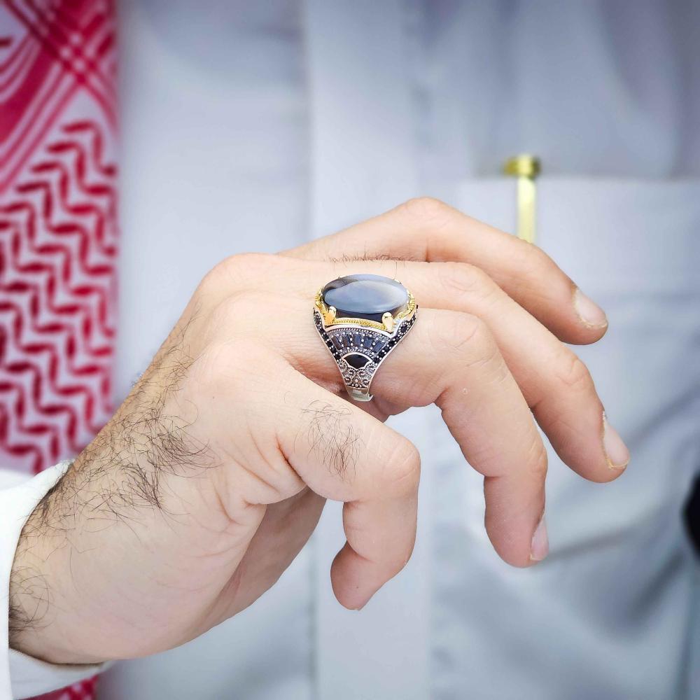 خاتم فضة عقيق يماني مزهر