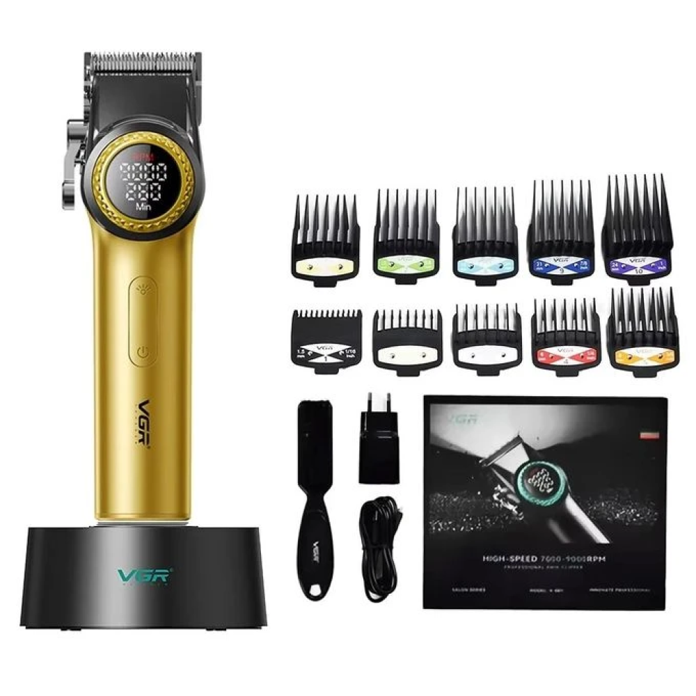 ماكينة قص الشعر الاحترافية VGR V-001 – قوة عالية وسرعة 9000 دورة/دقيقة – جولد