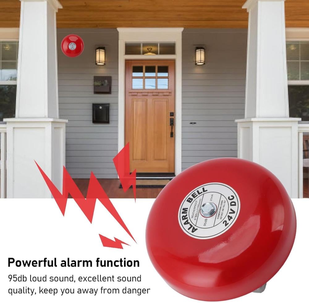 FIRE ALARM BELL, 6IN 95DB 24V RED ALUMINUM SECURITY BELL ELECTRIC | WAREHOUSE ALARM BELL FOR HOME HOTEL
