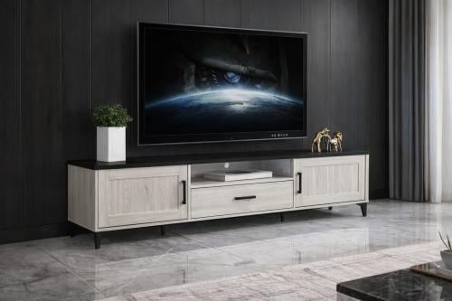 طاولة تلفزيون  بلون خشب أبيض مع سطح أسود بتصميم أنيق متعدد المقاسات