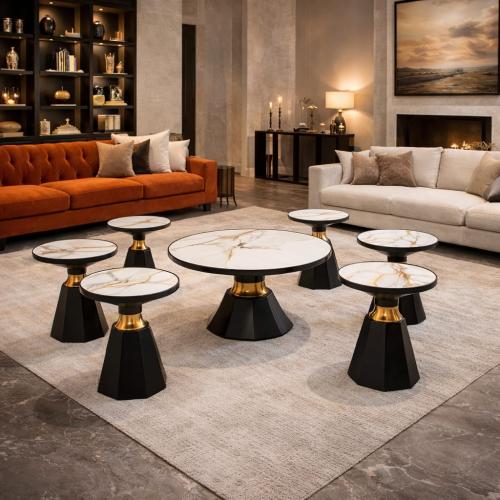 طقم طاولات شاي فاخر بسطح سيراميك رخامي وقاعدة سوداء بلمسة ذهبية