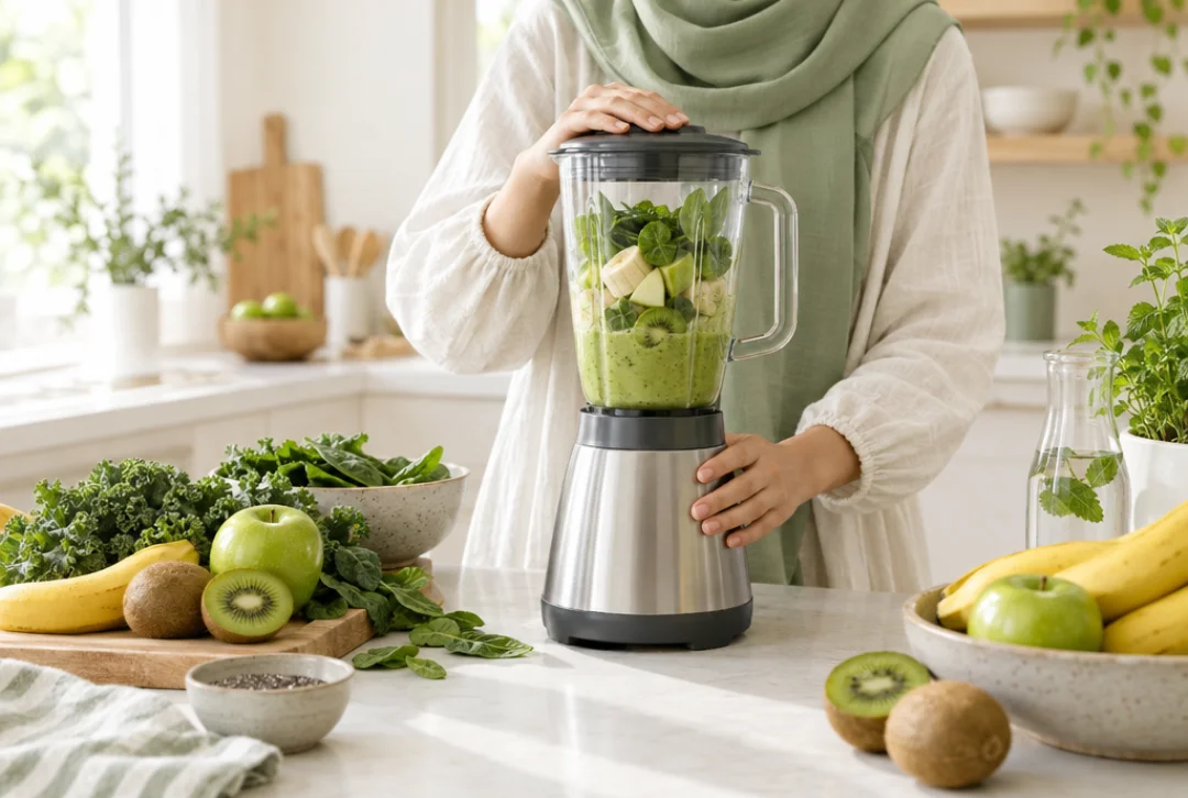 امرأة تحضر مشروباً أخضر صحياً