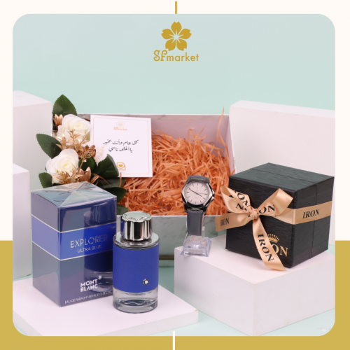 مجموعة هدايا رجاليةساعة ماركة ايرون وعطر مونت بلان...