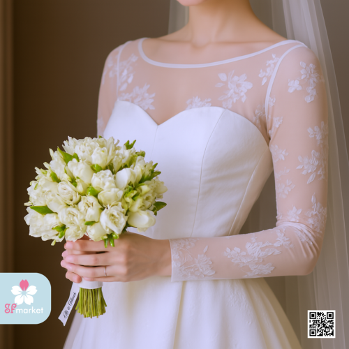 مسكة عروس ورد توليب طبيعي مع تاج بألاسماء و التاري...