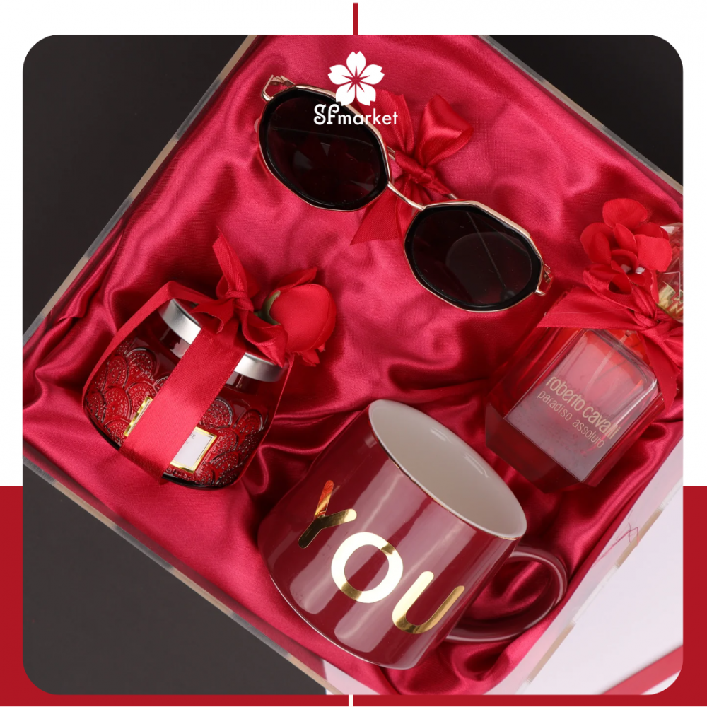 Gift package for men decorated with flowers, sunglasses and bag