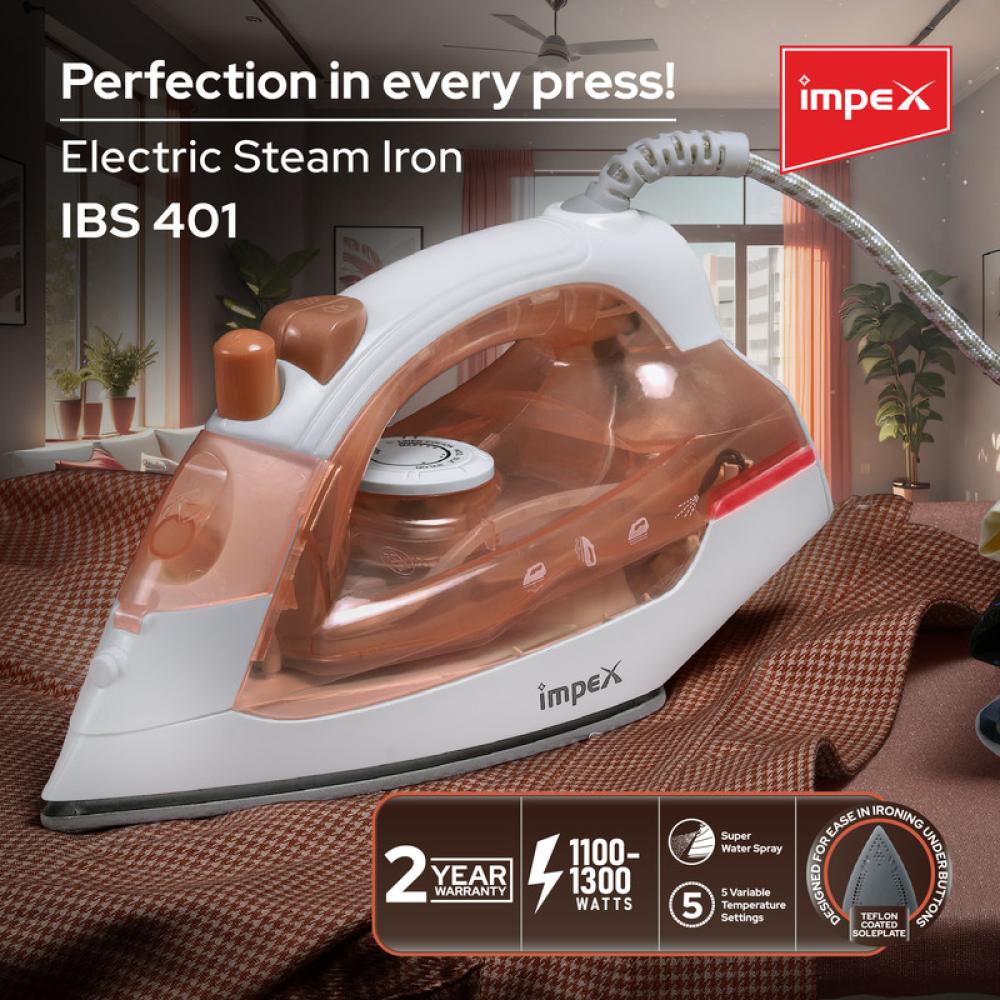 Electric Steam Iron Box - Non-Stick Coated Soleplate, 360-Degree Swivel Cord, Water Spray Function, Vertical & Horizontal Steaming, Variable Steam Control, , Pilot Lamp, Five Temperature Settings 1.45 kg 1300 W IBS 401 Multicolour