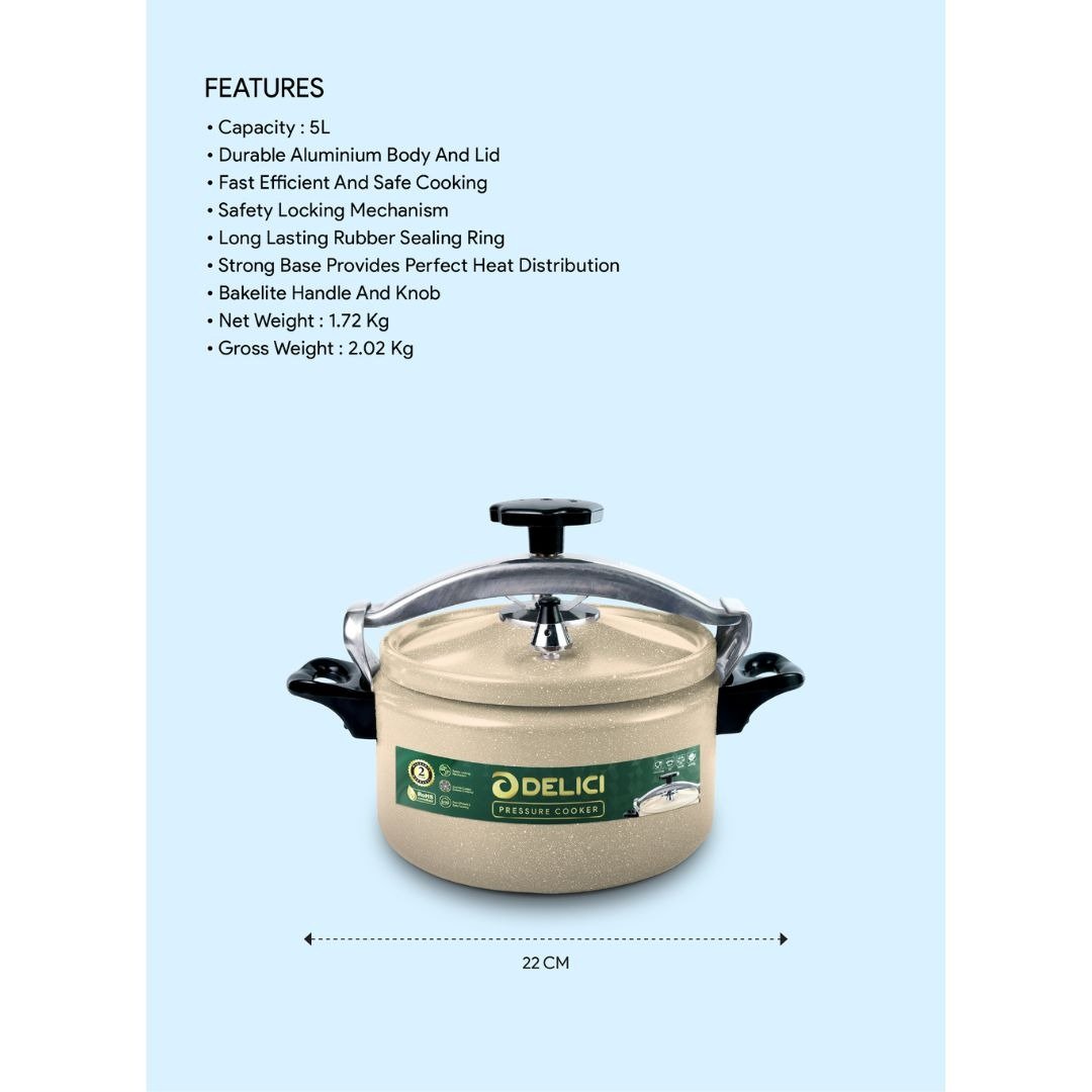DELICI 5Ltr Aluminium Pressure cooker With a 2-year warranty, DPC
