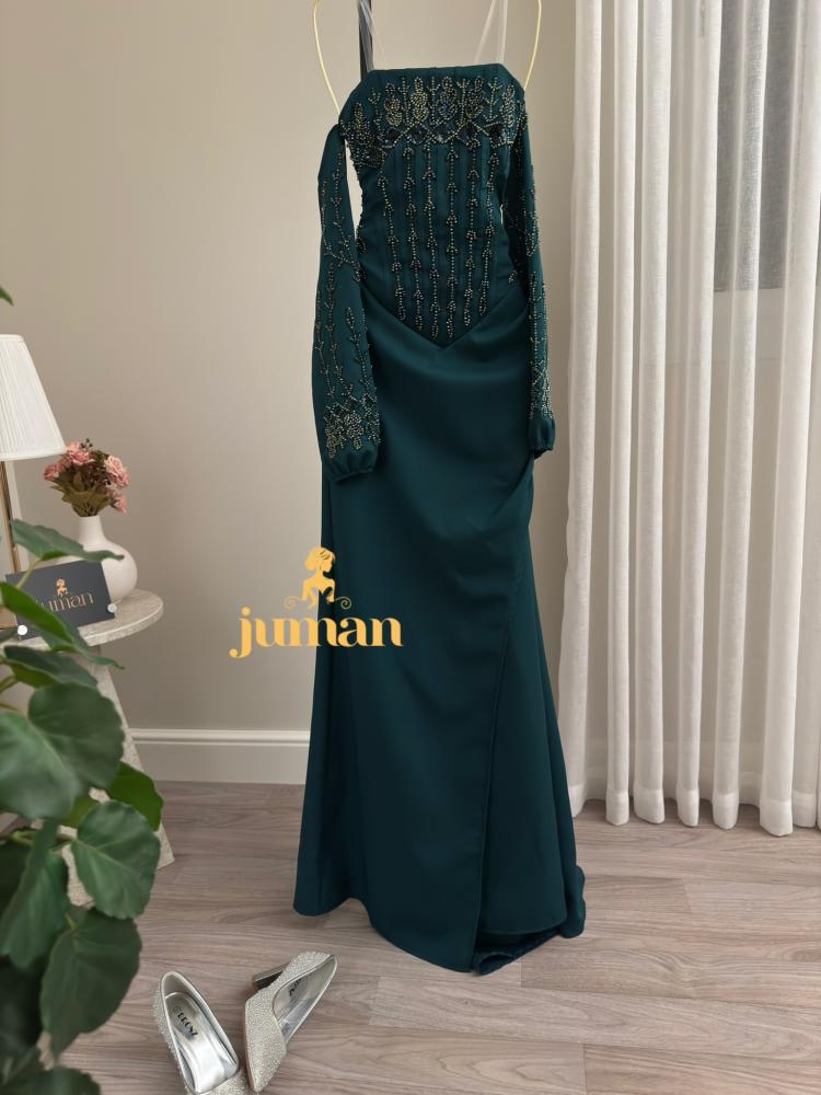 فستان سهرة زيتي باكمام منفصلة