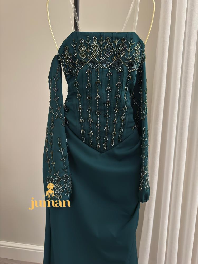 فستان سهرة زيتي باكمام منفصلة