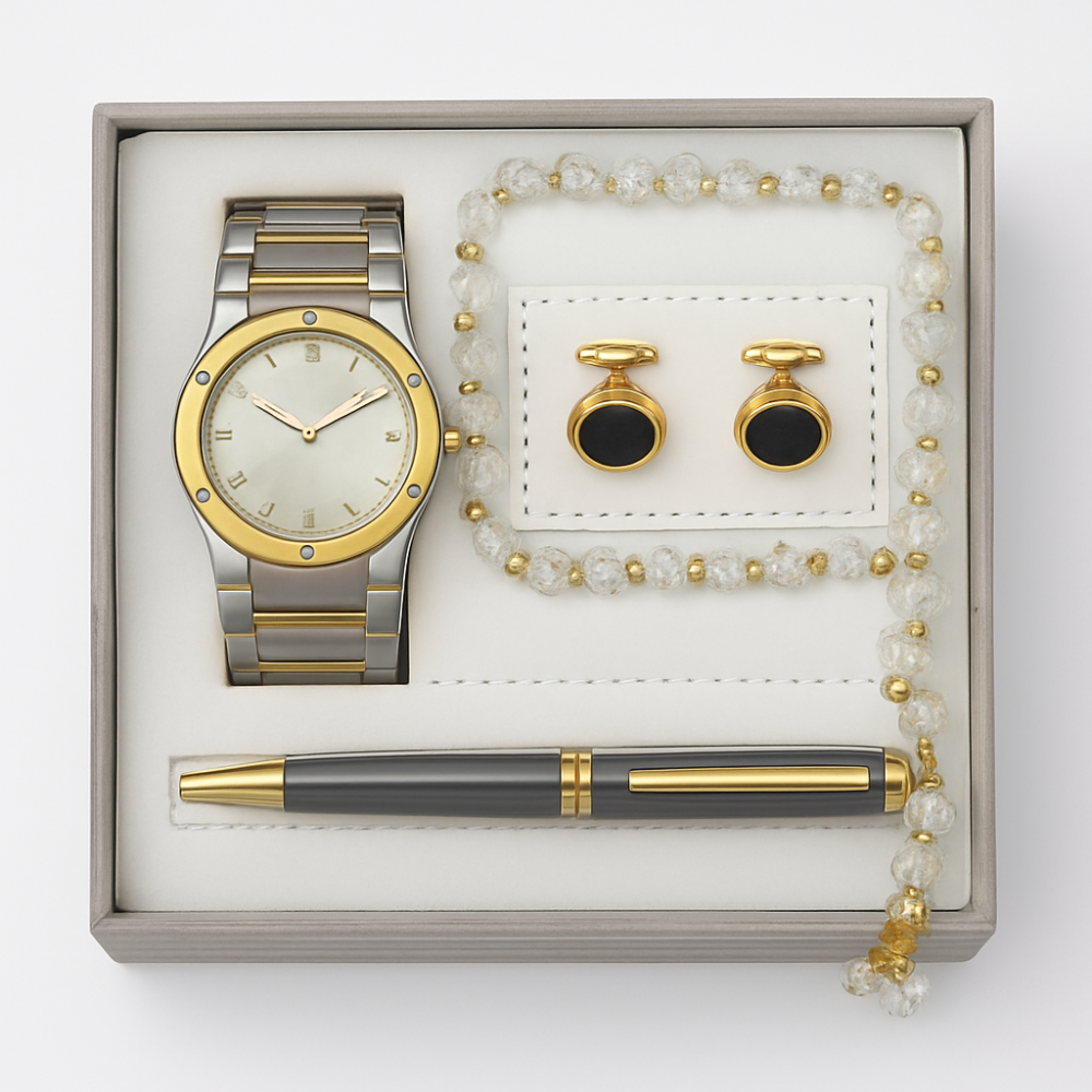 طقم هدايا رجالي لون ذهبي فضي