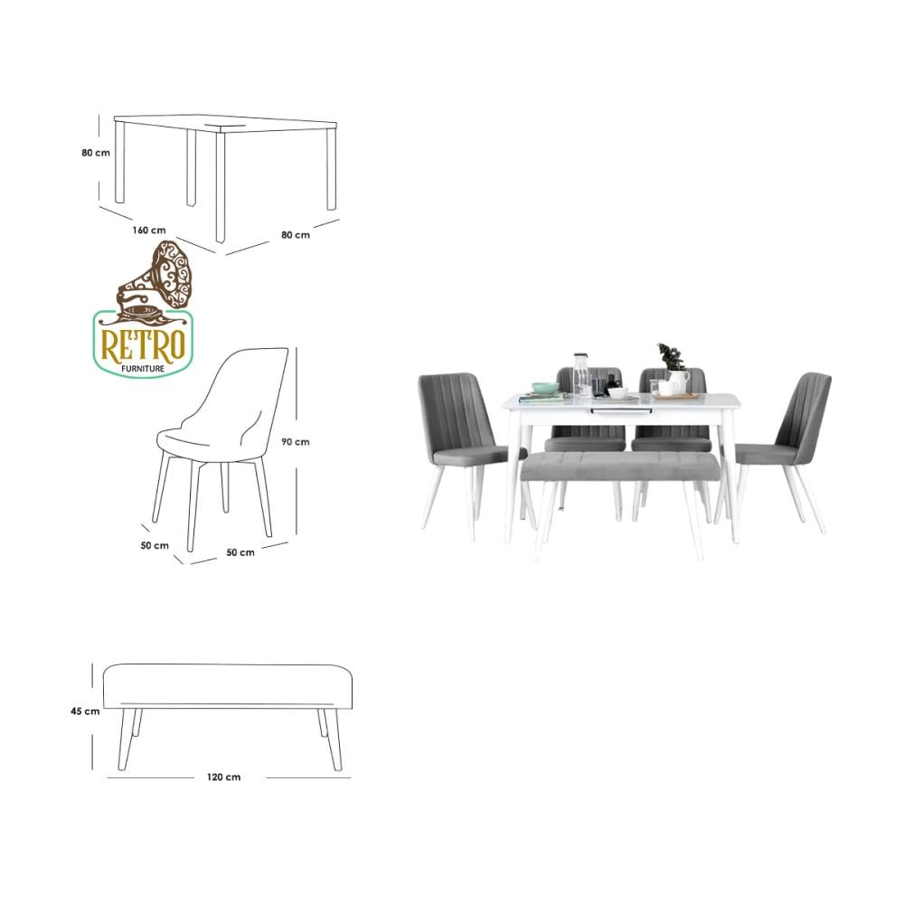 طاولة سفرة + 4 كراسي وبانكيت  - أبيض×رمادي