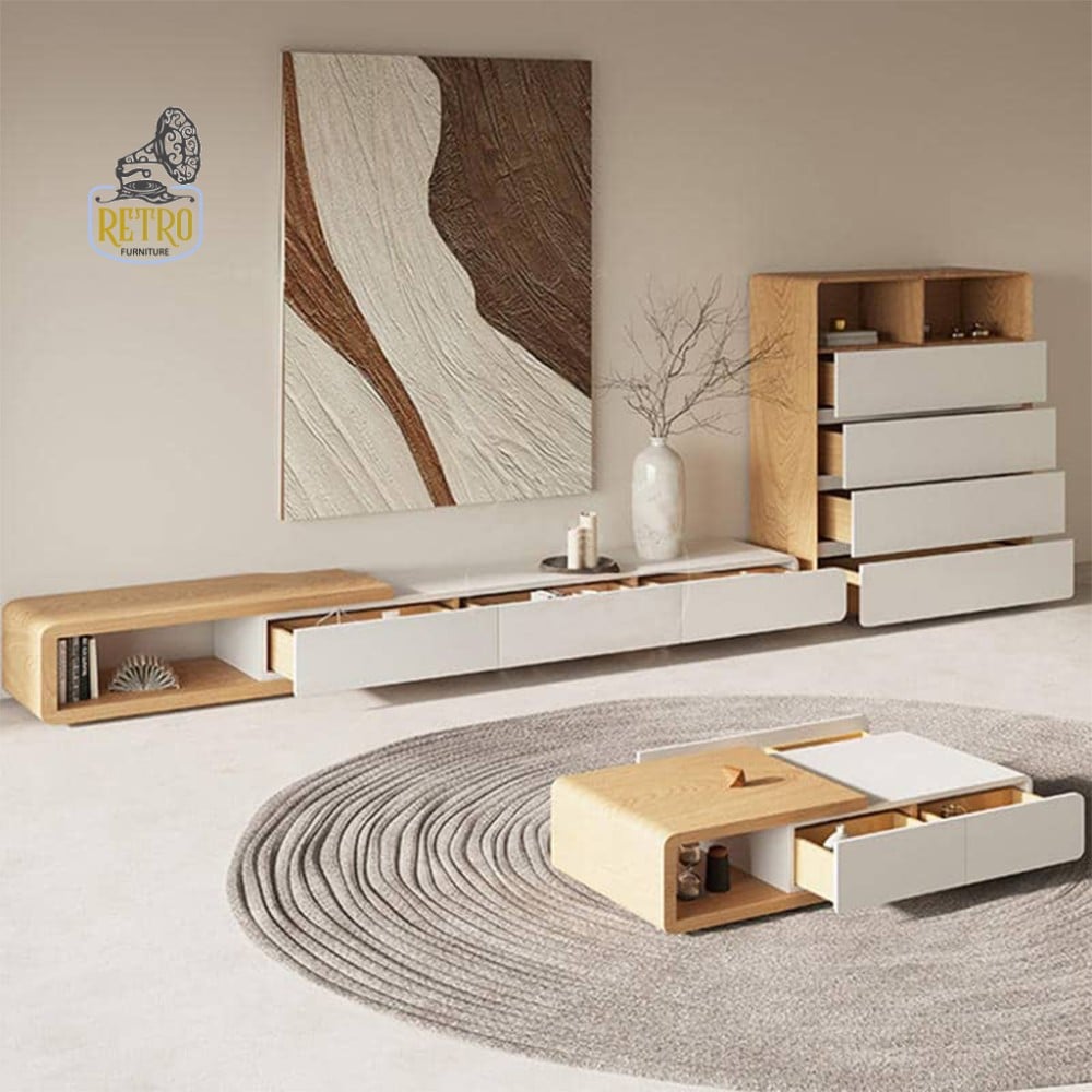 طقم طاولة تلفزيون و طاولة قهوة - أبيض×بيج