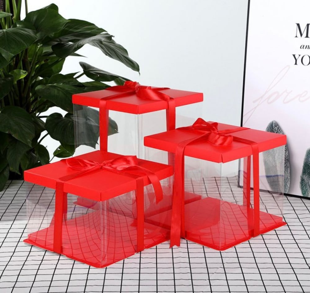 علب كيك شفاف بشريط بمقاسات مختلفه