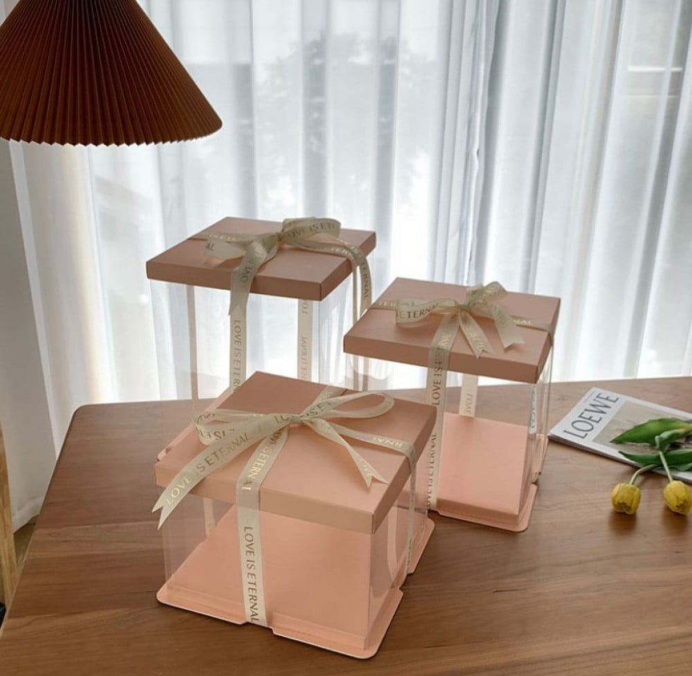 علب كيك شفاف بشريط