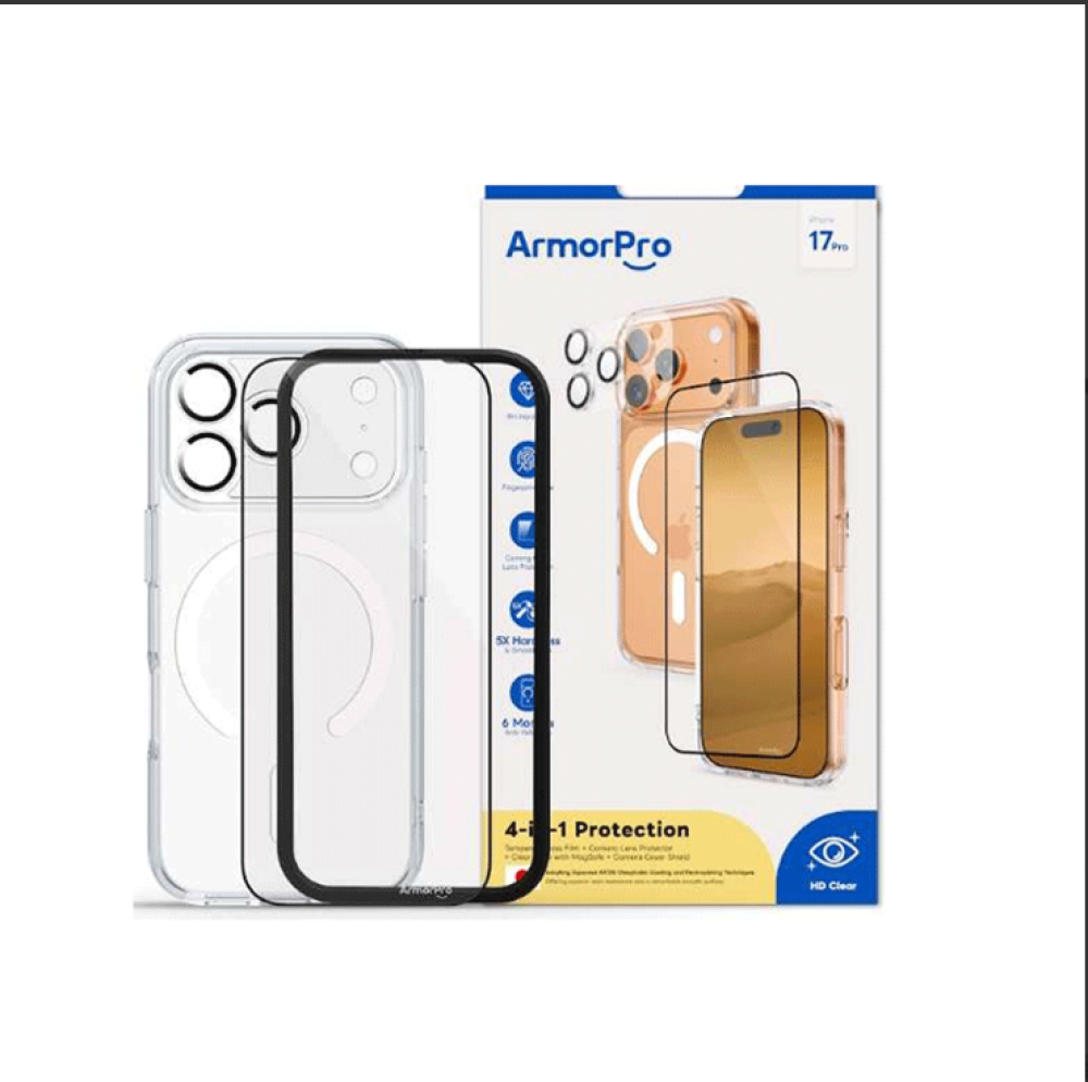 "أرمر برو 4 في 1 ماج سيف" حماية متكاملة لجهاز آيفون 17 برو - شفاف من متجر اهتمام للاتصالات