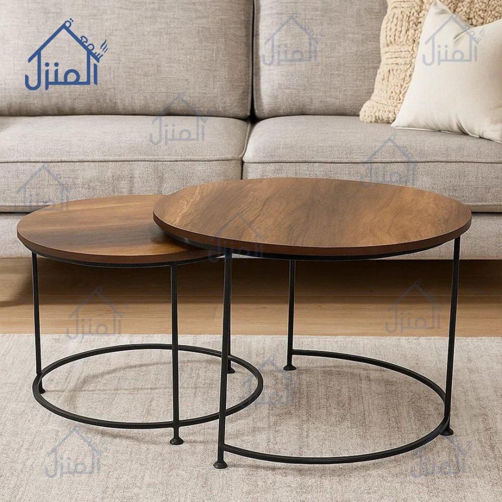طقم طاولات قهوة 6 قطع دائرية – لون بني مع قاعدة سوداء