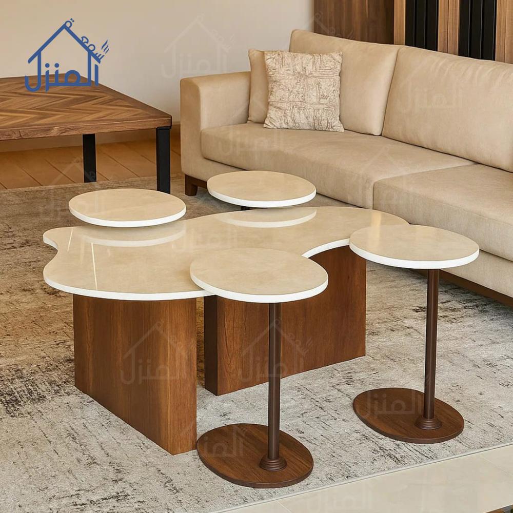 طقم طاولات قهوة 5 قطع سطح بيج قاعدة بني خشبي