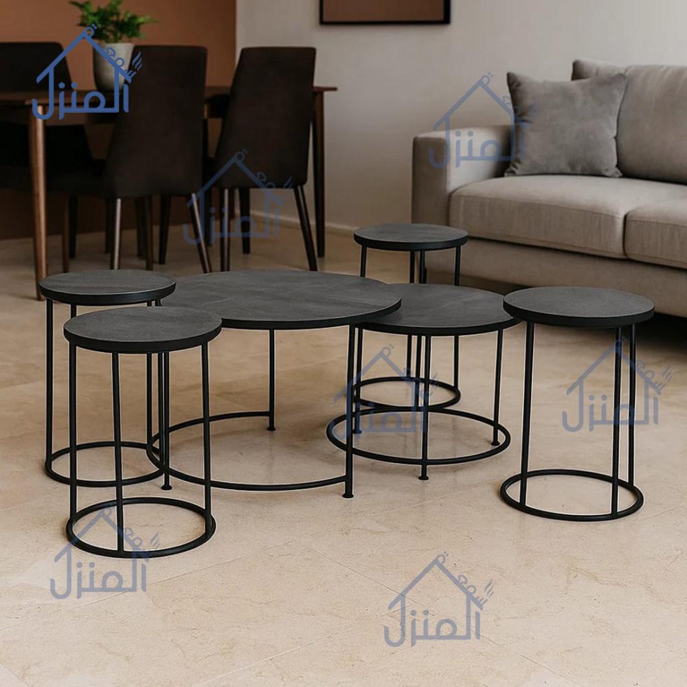 طقم 6 طاولات قهوة سطح خشبي لون رصاصي اسود
