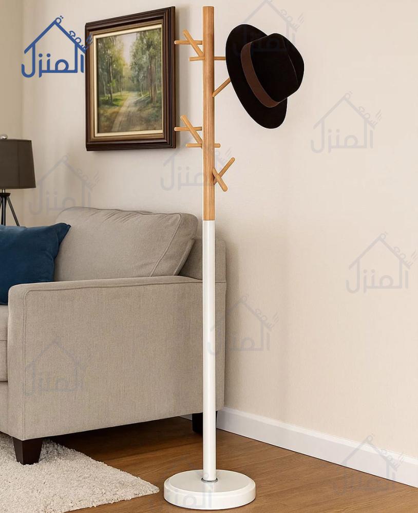 شماعة ملابس أرضية معدنية وخشبية أبيض وبني